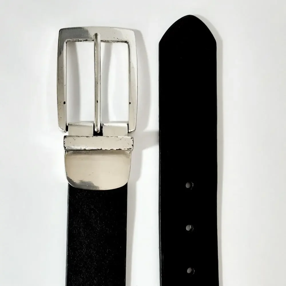 Coldwater Creek Black Wide Leather Belt Size Medium Geometric Buckle Basic